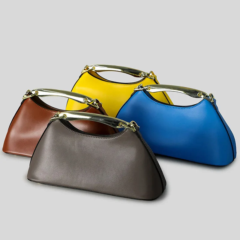 Luxury Texture Women's Bag Lychee Pattern Metal Handle Shoulder Evening Clutch Fashion Designer Half-moon Crossbody Bag