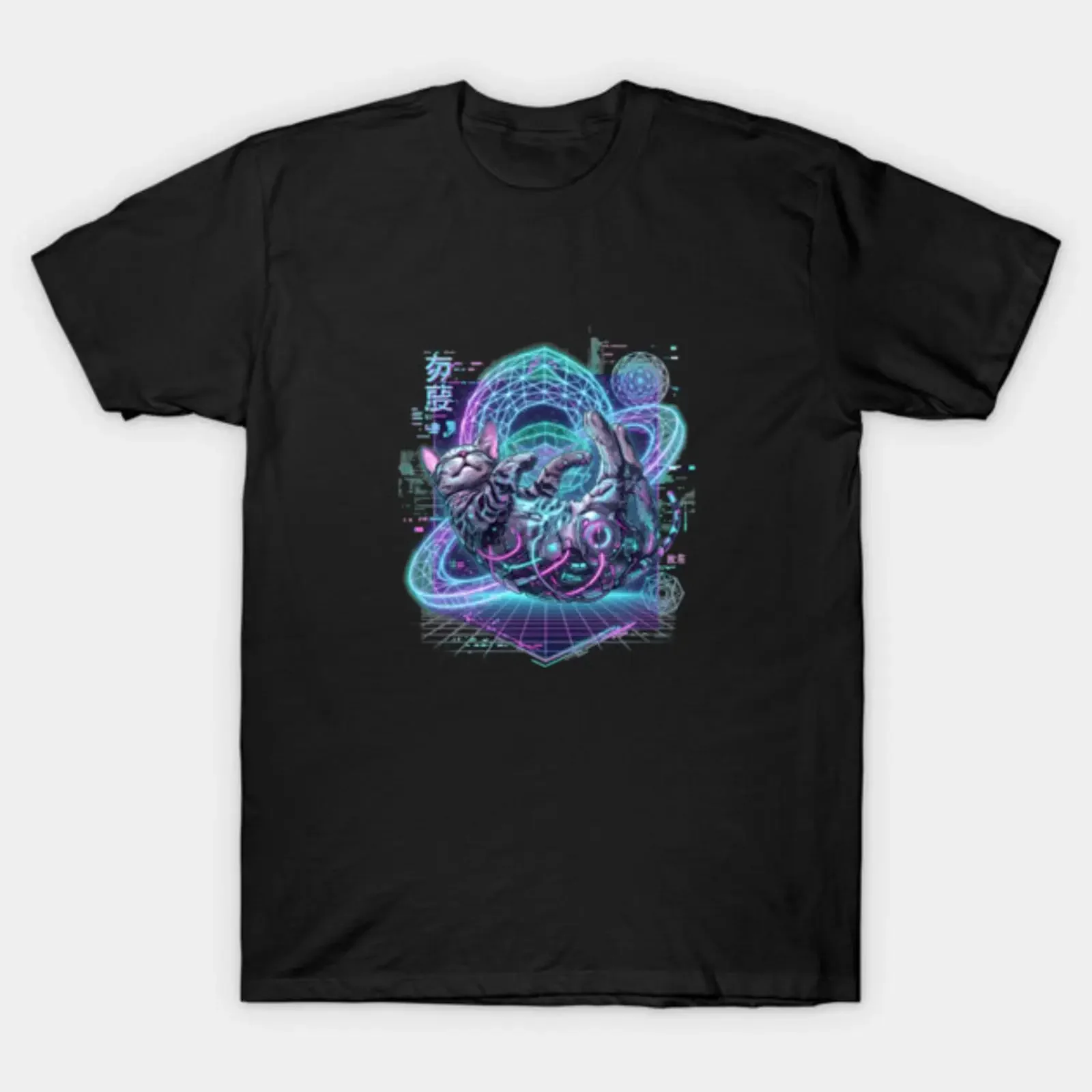 Feline Geometry Playful Cat Proportions T-Shirt im Vintage-Stil, gewaschen, lässige Designer-Kleidung, Oberteil für den Alltag, Unisex, weich