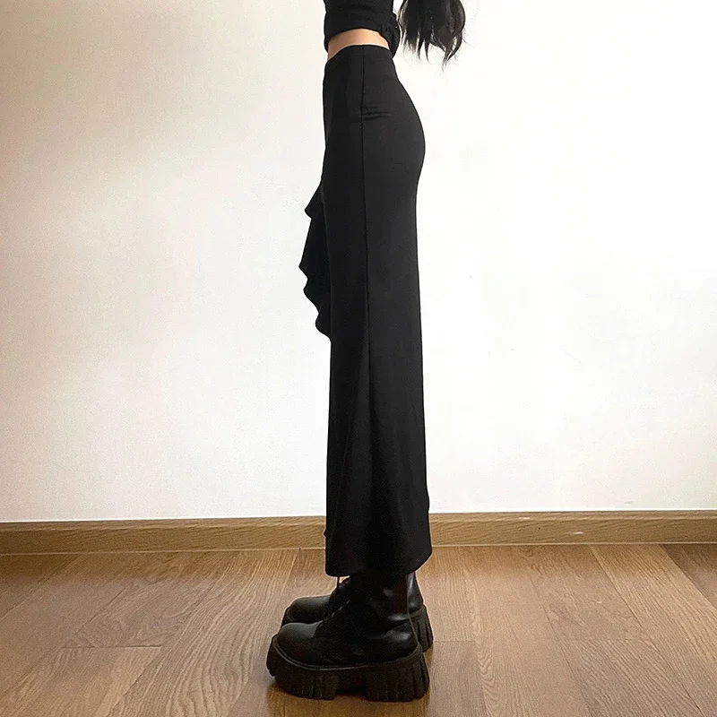 Gothic Black High Waist Bodycon Skirt Women Irregular Ruffle Side Bandage Designed Midi Skirt Sexy High Split Wrapping Skirt