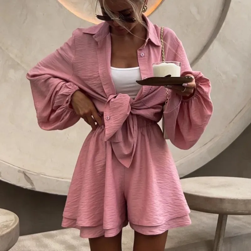 Women Casual Cozy Lapel Loose Shirt Short Sets Single Breasted Blouses Elastic Waist Baggy Fashion Shorts Suits 2 Piece Sets