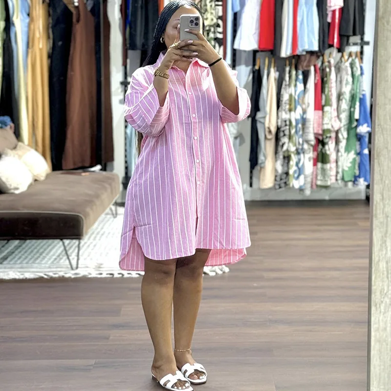 Women's Fashionable Summer 2026 Striped Long Sleeve Shirt Loose Fit Medium Length Collar Buckle Detailing