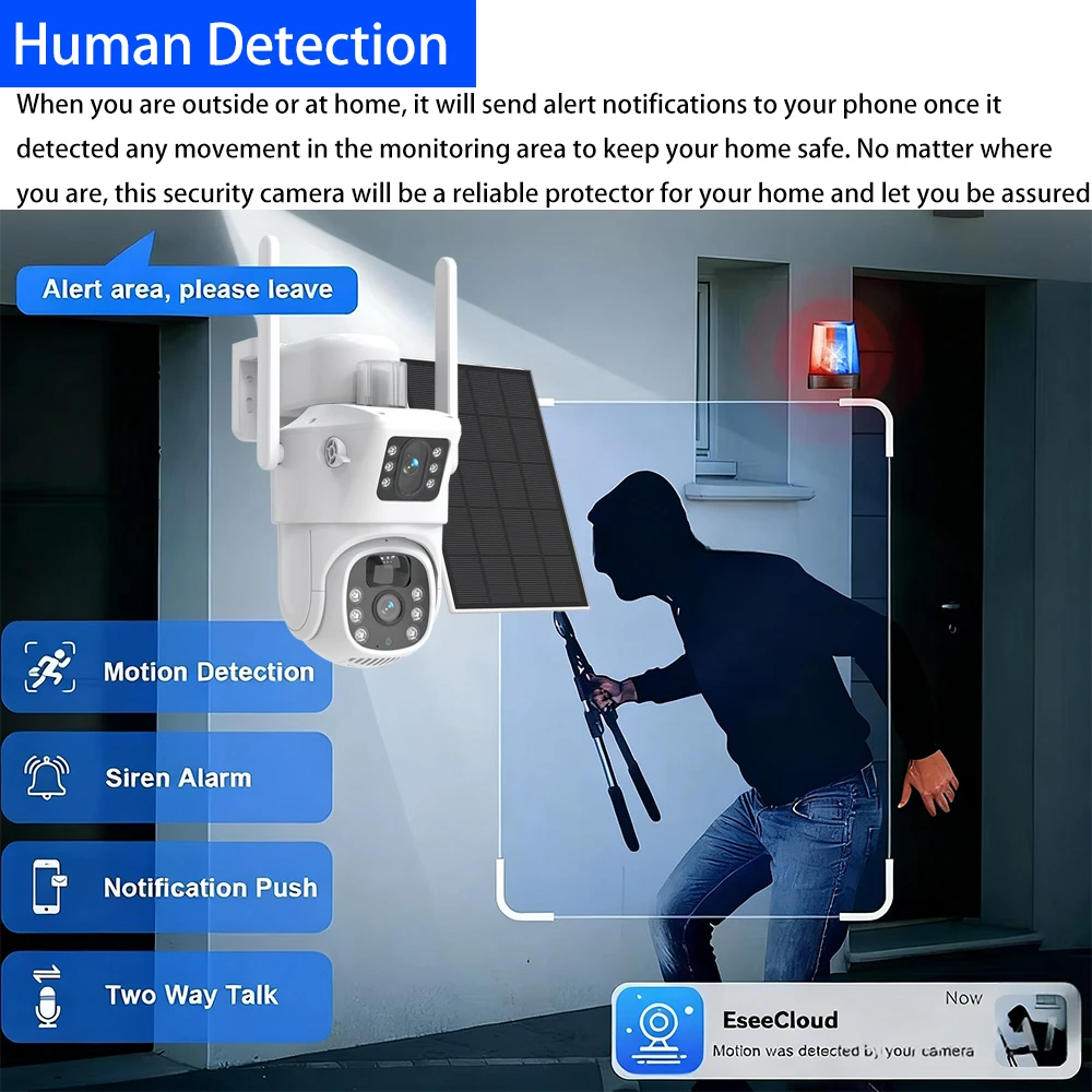 8MP 4K 5G & 2.4GHZ واي فاي كاميرا شبكة مراقبة أمنية ملونة عدسة مزدوجة تعمل بالطاقة الشمسية بطارية CCTV إنذار كشف الإنسان كاميرا IP