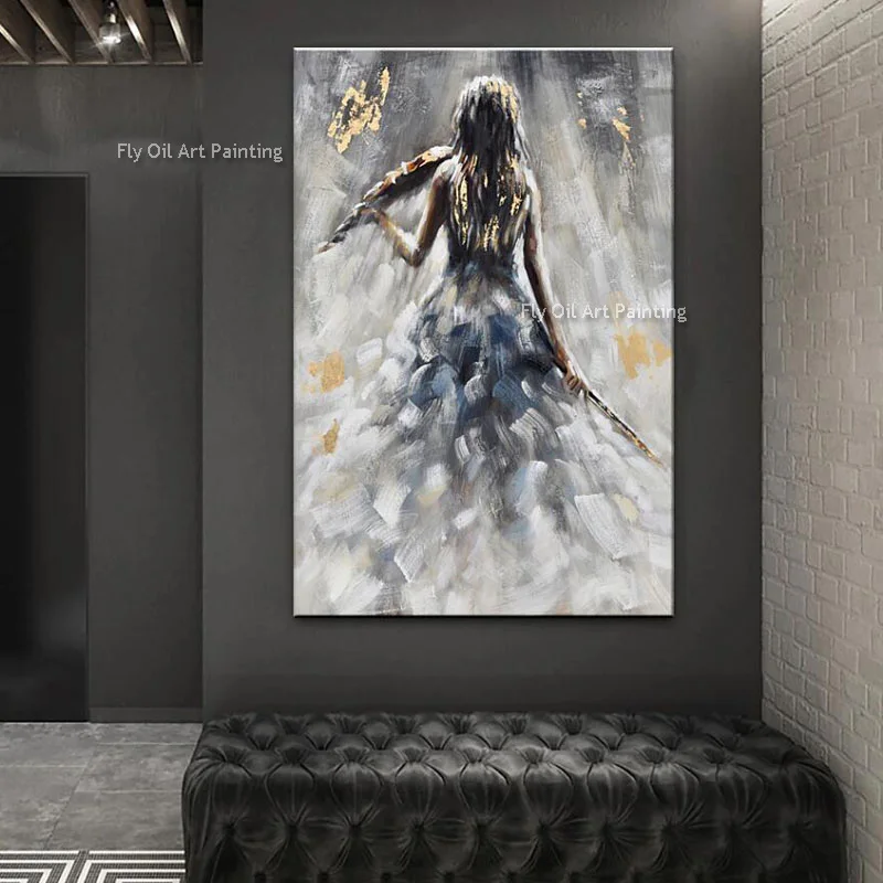 Handmade Girl Playing The Violin Canva Artwork Grey White Abstract Oil Painting Modern Elegant Gril Wall Art For Bedroom Decor