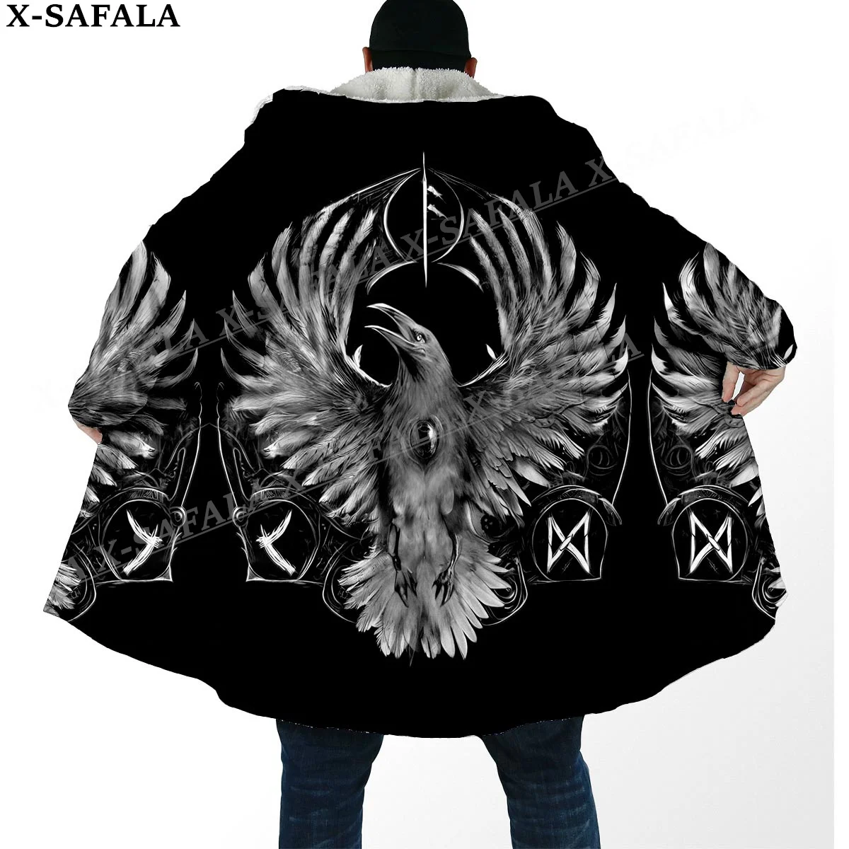 

Viking Raven Tattoo Symbol Totems Art Thick Warm Hooded Cloak Men Overcoat Coat Windproof Fleece Cape Robe Hooded Blanket-6