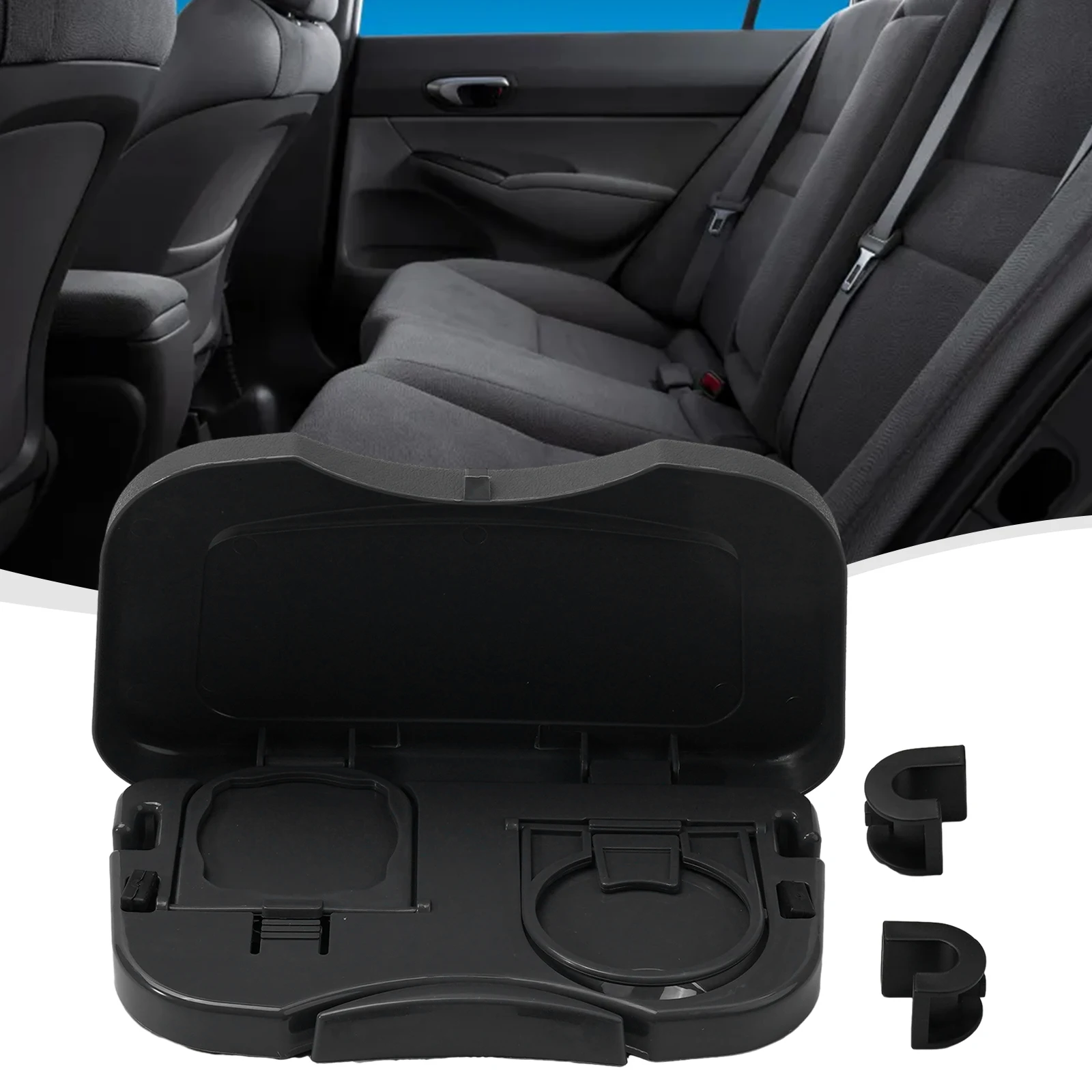Portable Folding Car Seat Back Tray for Drinks Food Phones and Small Accessories with Secure Clamp Mount Design