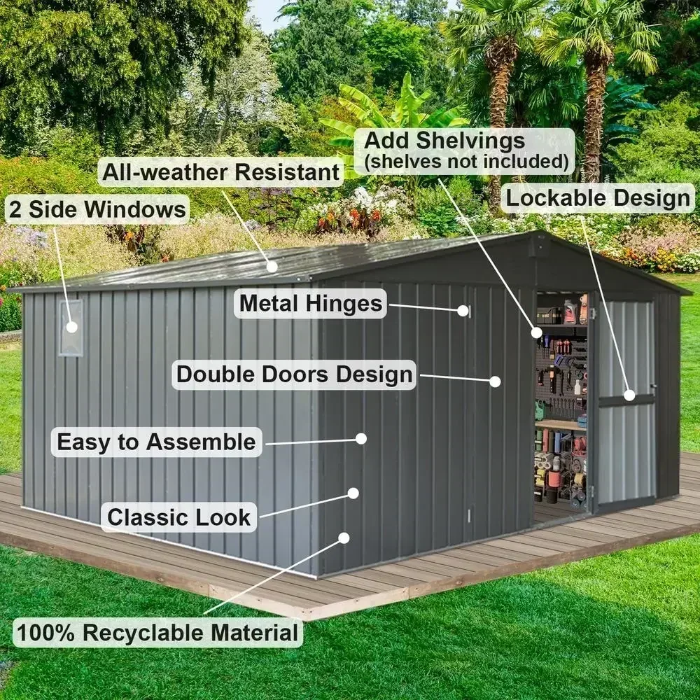 Large 11x12.5ft Galvanized Steel Outdoor Storage Shed with Lockable Door, Windows, Ideal for Backyard, Patio, Garden, Lawn