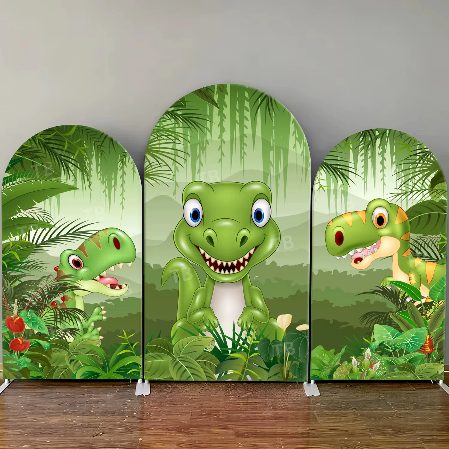 

Palm Leaf Red Flower Cartoon Tyrannosaurus Rex Ankylosaurus Dinosaur Jurassic Tropical Jungle Adventure Birthday Arch Backdrop