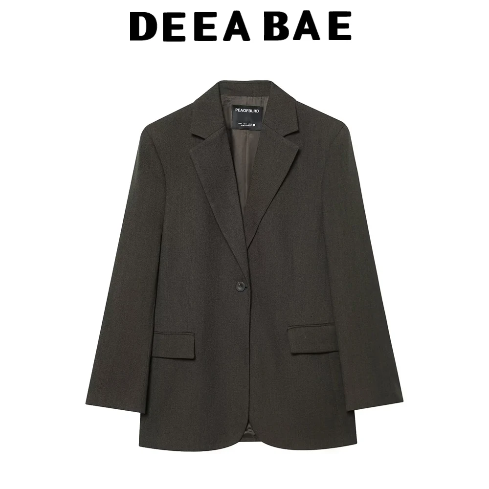 

DEEABAE 2025 Autumn New Women's Pure Color Simple Wind Long Sleeve Folding Single Zipper Loose Suit Jacket