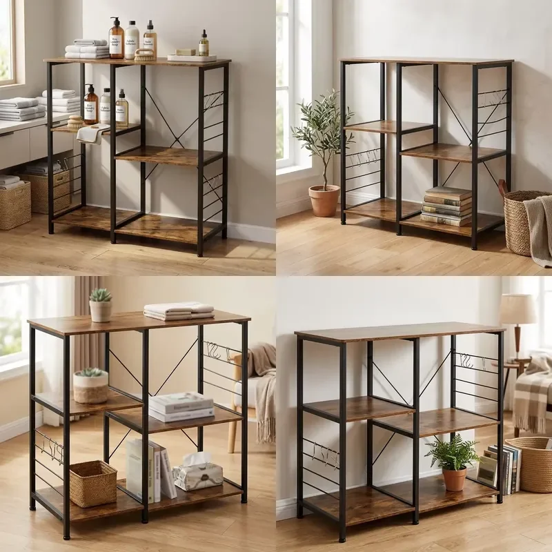 for  Country Style Kitchen Bread Rack Metal  Cabinet Microwave Rack with Hook Household Room Storage Rack Practical