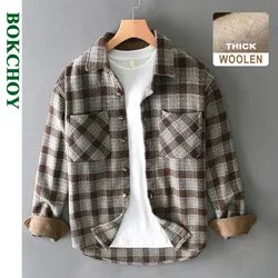 2024 Autumn Winter New Loose Vintage Plaid Wool Shirts for Men Clothing Cargo Big Pockets Men Shirts AZT735