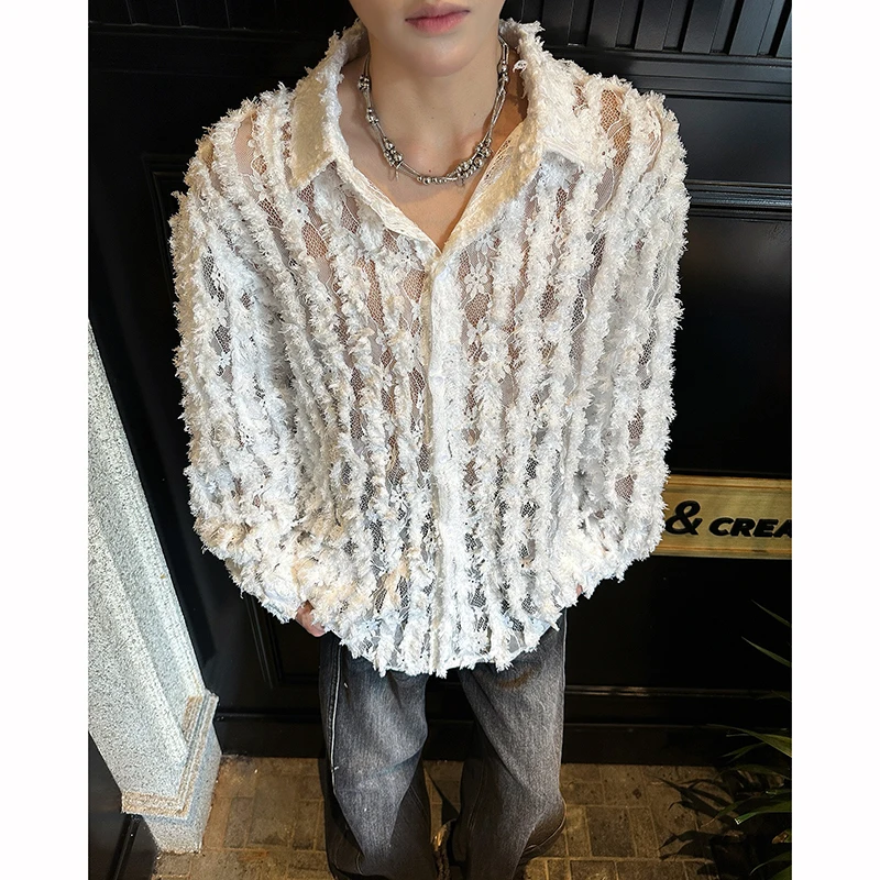 

Летняя мужская рубашка с объемной вышивкой, кружевом и 3D цветочными аппликациями, полупрозрачная, тонкая, с длинным рукавом, свободного кроя, дышащая