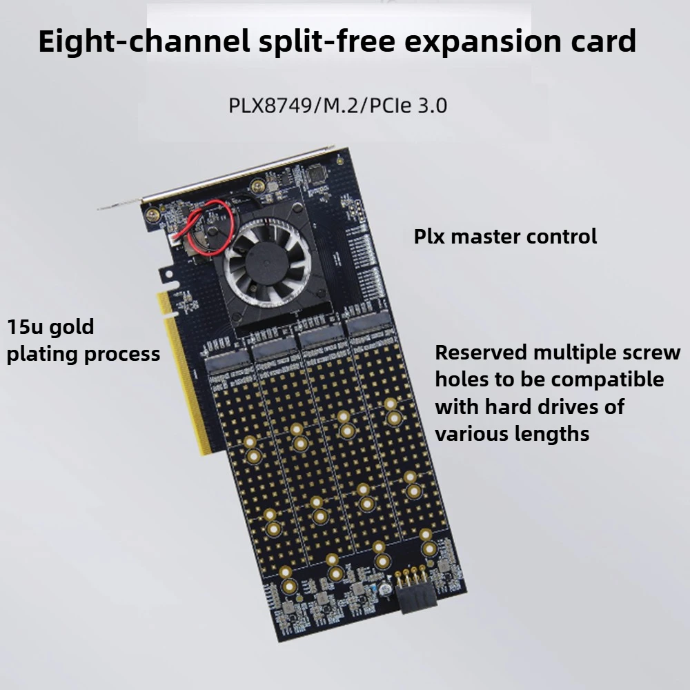 PCIe 3.0 X16 To 8 M.2 NVMe Expansion Card PLX8749 No Bifurcation Required Support 22110 M.2 NGFF M-Key SSD Adapter + Cooling Fan