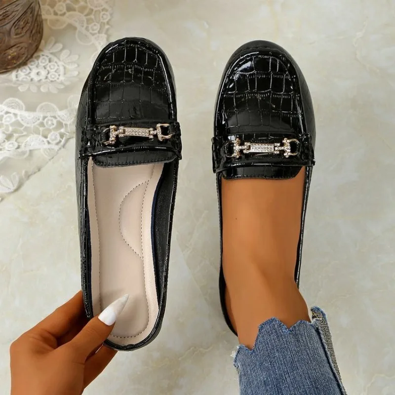 Women's Flat Mules Backless Loafers Round Toe Glossy Croc-Embossed Finish Rhinestone-Look Hardware Slip-On Casual Daily Shoes