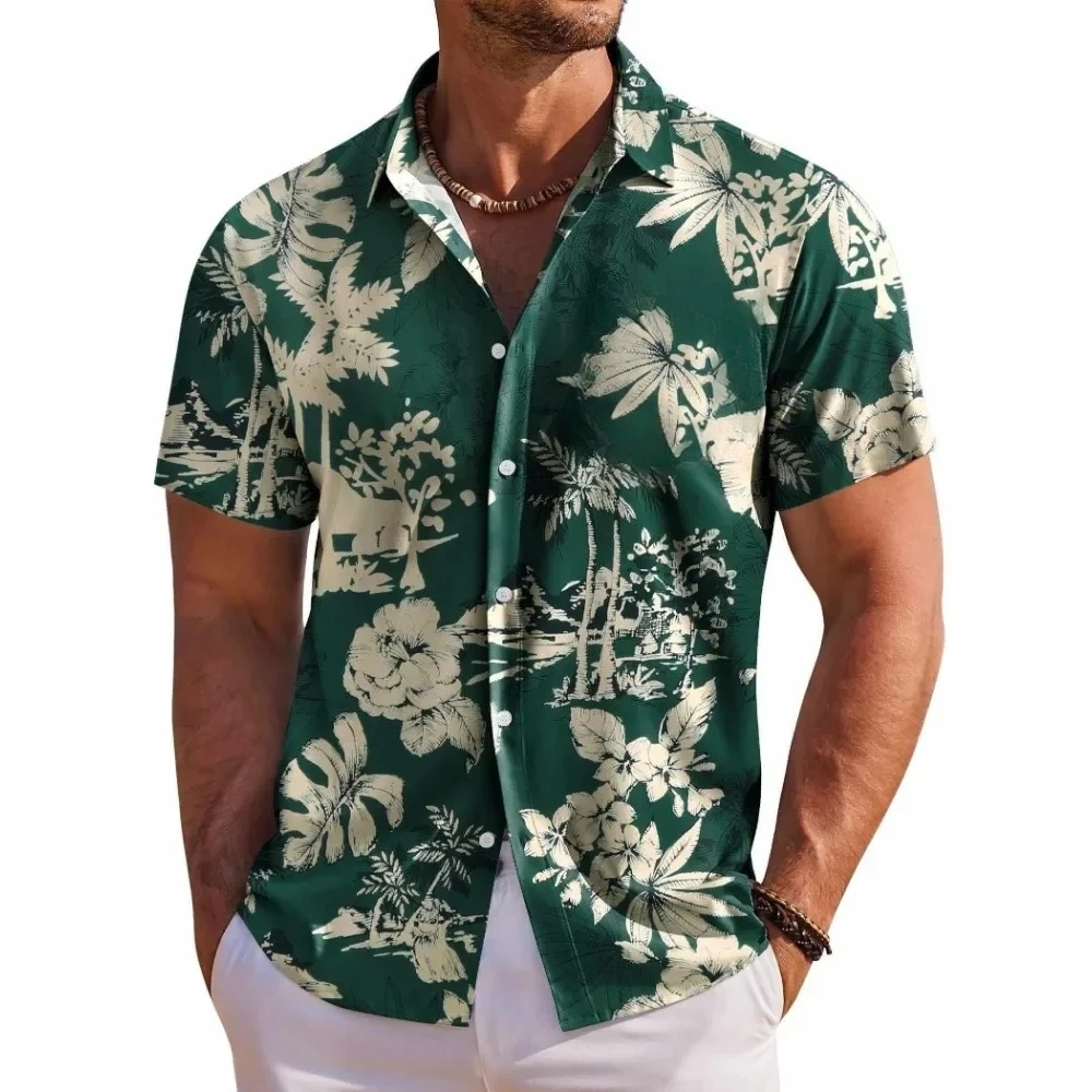 Camisa de manga corta para hombre - Camisa con botones y estampado de plantas y flores Havaianas, estilo casual y moderno