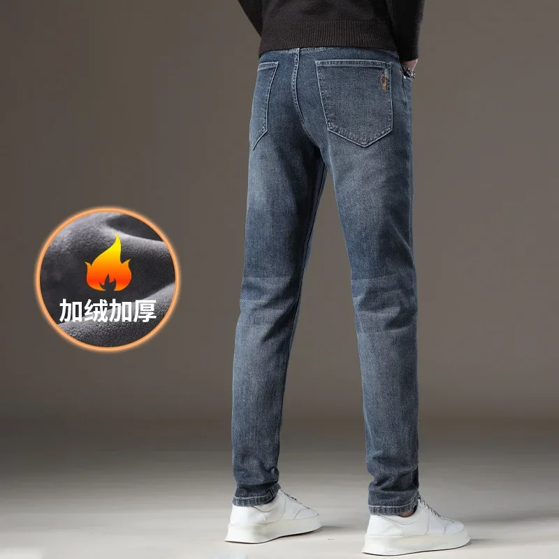 2024 Winter New Brand Thick Fleece Thermal Jeans Classic Men\'s Slim Fit Straight Dense Fabric High Quality Slim Denim Trousers