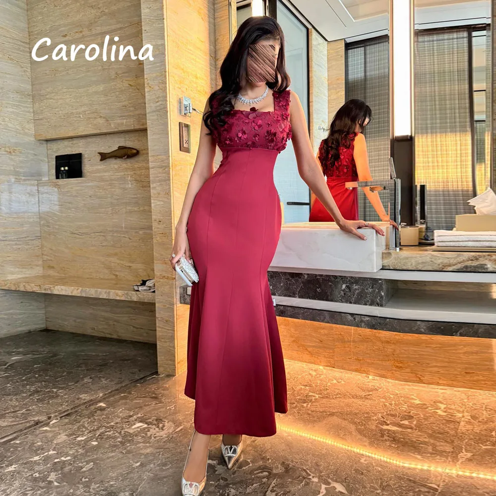 Carolina Wine Color Square Collar Mermaid Prom dress 2024 Slim Appliques Crepe Ocassion Gown Ankle-Length Formal Evening Dress