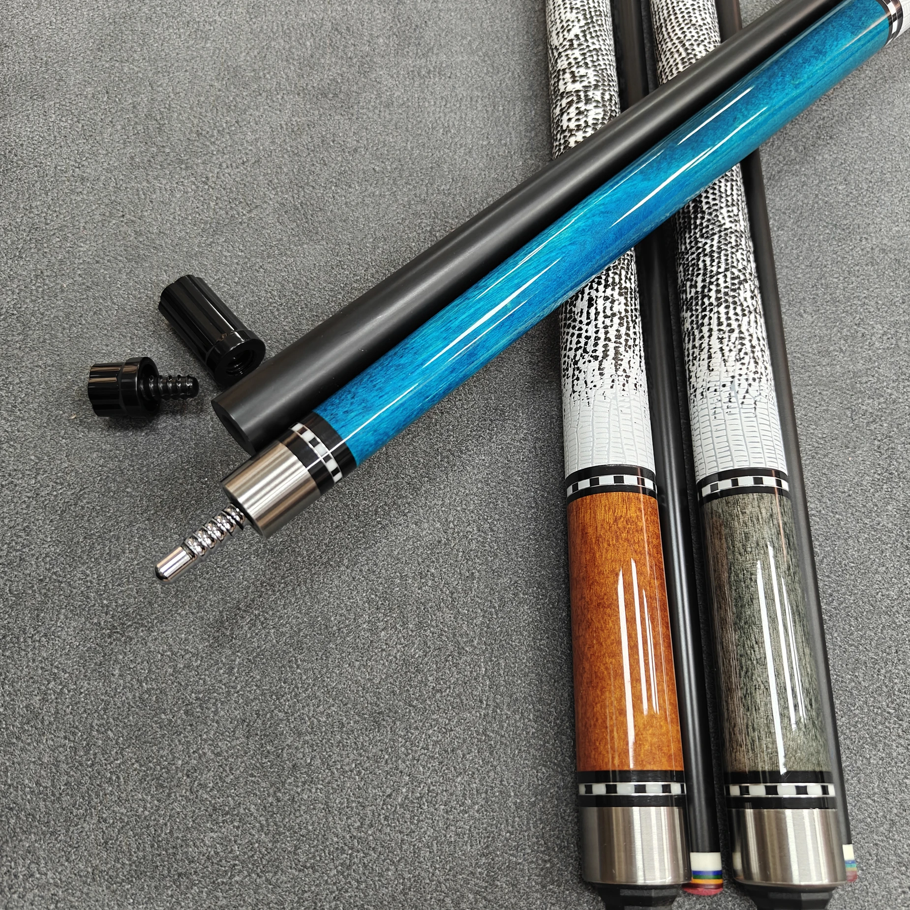 1/2 High‑Tech Pool Cue 58.66 Inch, 12.5mm Tip, Lizard‑Pattern Grip, for American 9‑Ball, Blue/Brown/Green Optional