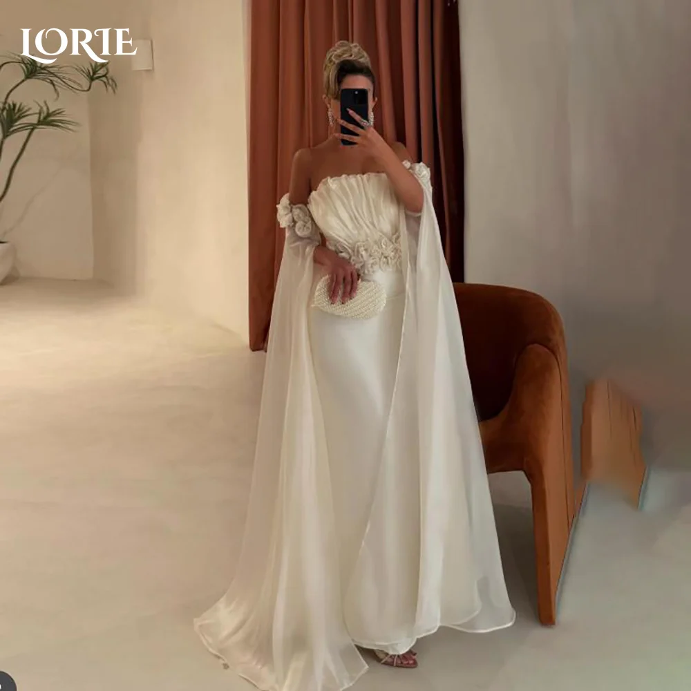 

LORIE Flared Sleeve A-Line Wedding Dress Off Shoulder 3D Flowers Pleats Bridal Gown Customized Backless Bride Dress Saudi Dress