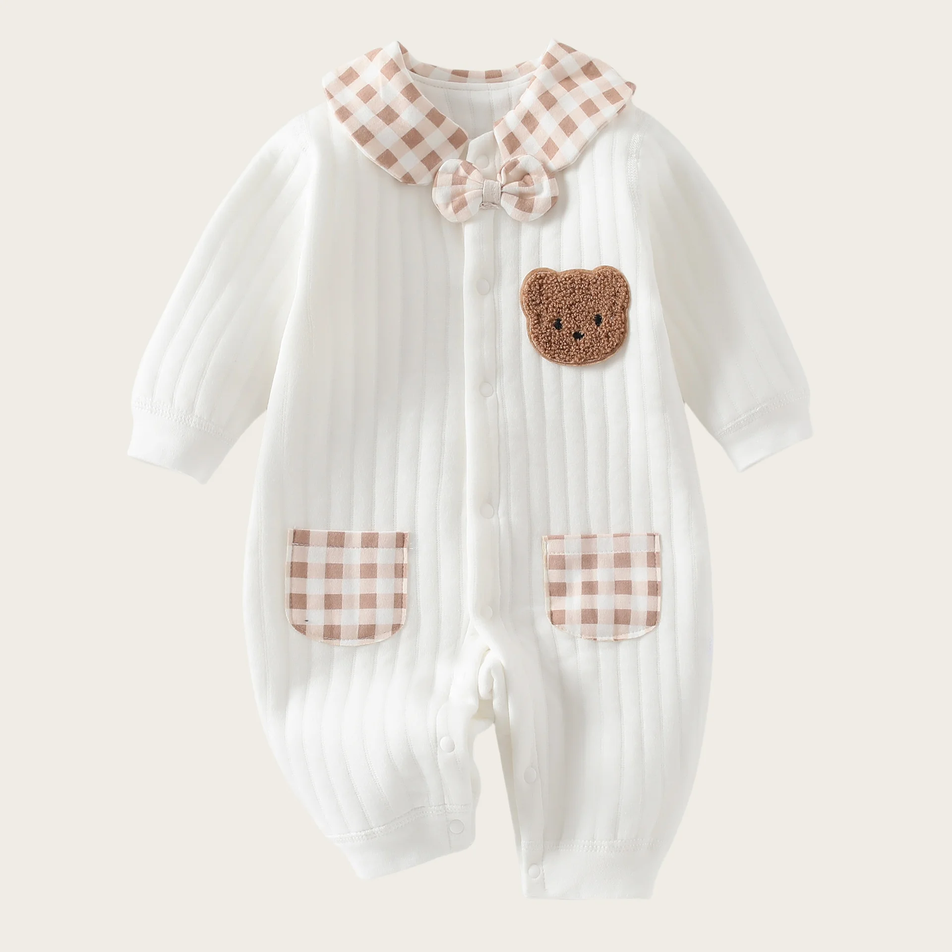 

2024 New Autumn Girl Boy Turn-down Collar Jumpsuit Bear Applique Long Sleeve Single Breasted Romper Bow Baby Costume