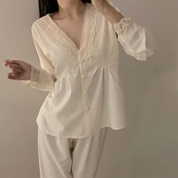 Women Satin Pajamas Set Long Sleeve Soft Homewear Clothes Pijamas Button-Down Lace Silk Sleepwear Set Loungewear Women's Set