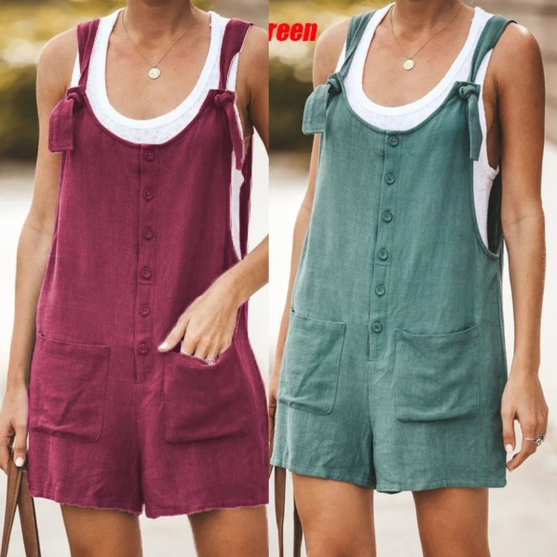 

Casual Summer women's Solid Strap Wide Leg Pants Pockets Romper Dungaree Bib Overalls Loose Cotton Linen Jumpsuits for women