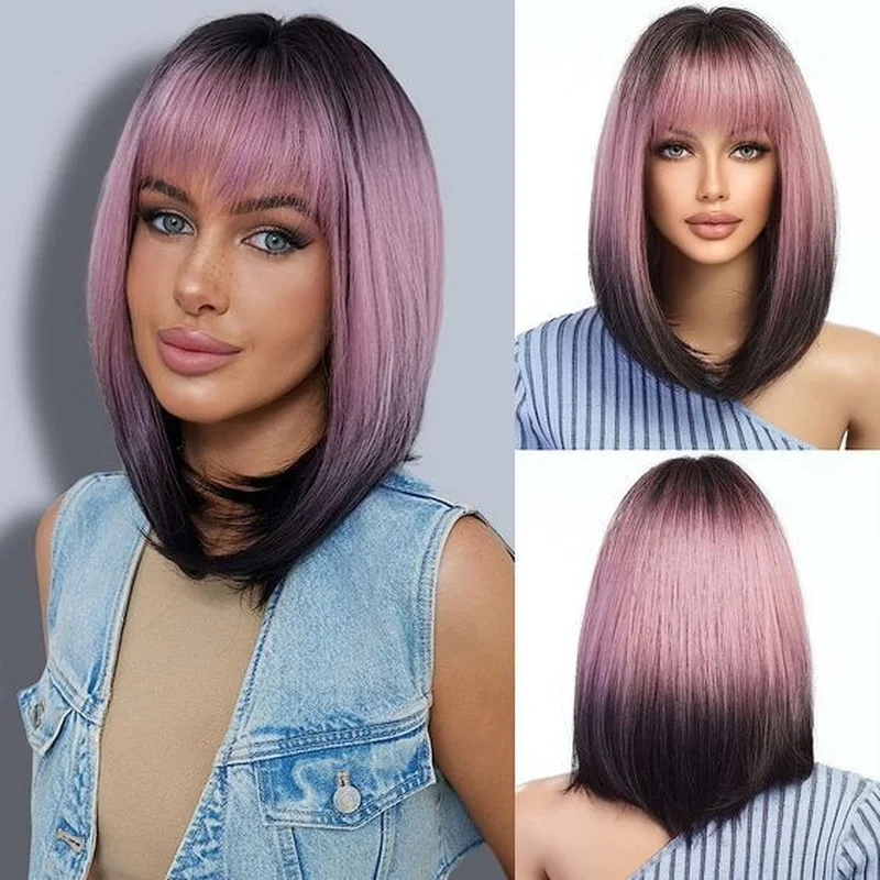 Sexy Women Ombre Pink Black Short Bob Straight Wigs With Bangs Synthetic Silky