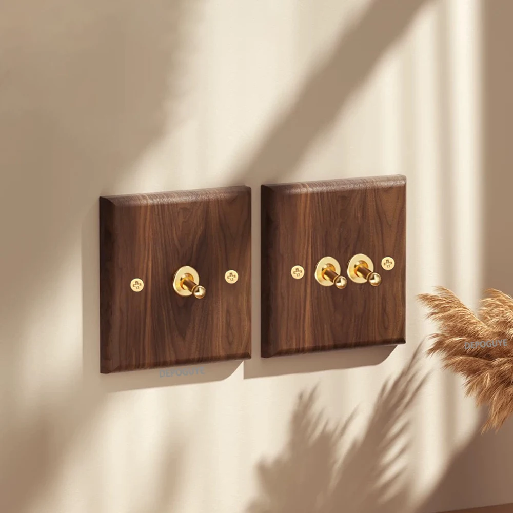 Black Retro Walnut Wall Toggle Switch Panel 1-4Gang 2Way Solid Wood Double EU/FR Socket Universal Usb C Electrical Power Outlet - Image 6