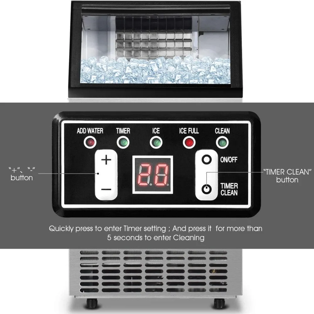 Commercial Ice Maker Machine 110LBS/24H Built-in Stainless Steel Ice Maker w/33LBS Storage Capacity Free-Standing Ice Machine