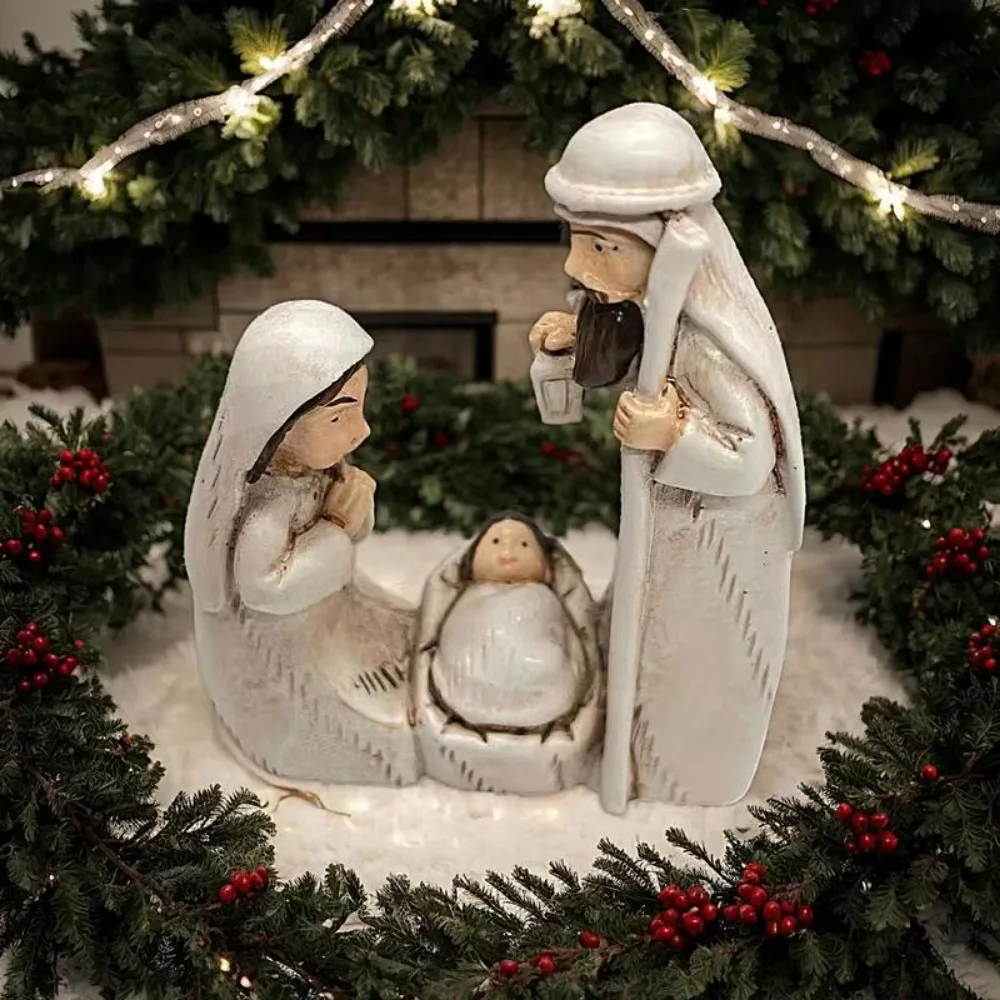 Exquisite Cute Jesus Birth Sculpture Decorative Cartoon Christmas Manger Ornaments Sturdy Religious Resin Statue Desktop