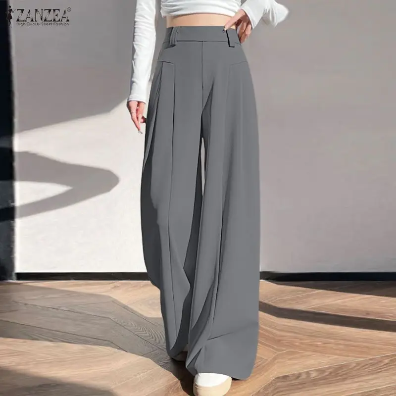 

ZANZEA Women's Loose Wide Leg Pants Minimalist Casual Elastic Waist Inverted Pleats Solid Color Trousers Commuting Woman Palazzo