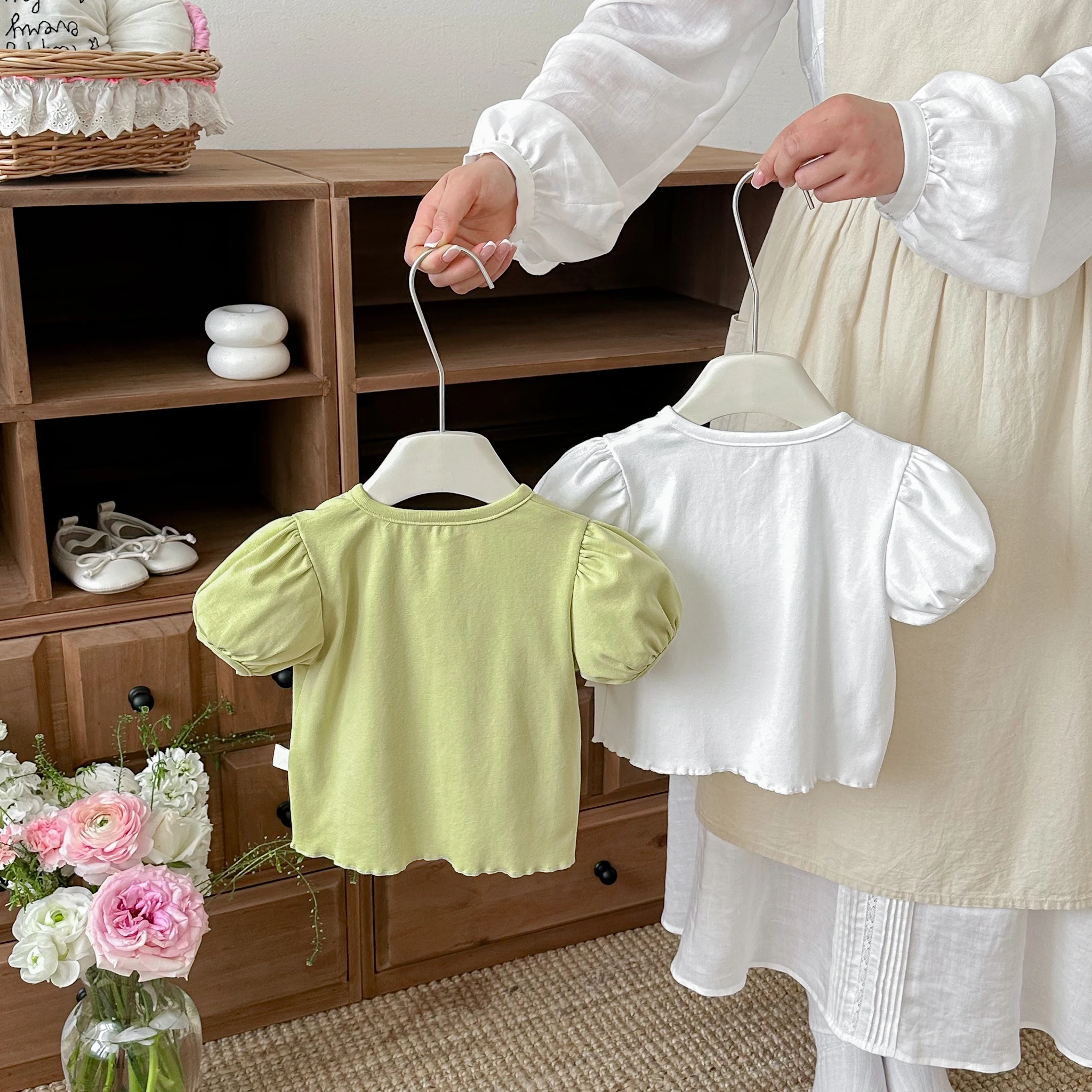 Summer New Style Simple Korean Version Baby and Toddler Halter Vest Short Sleeve Small Cardigan Two-Piece Set T-Shirt Top