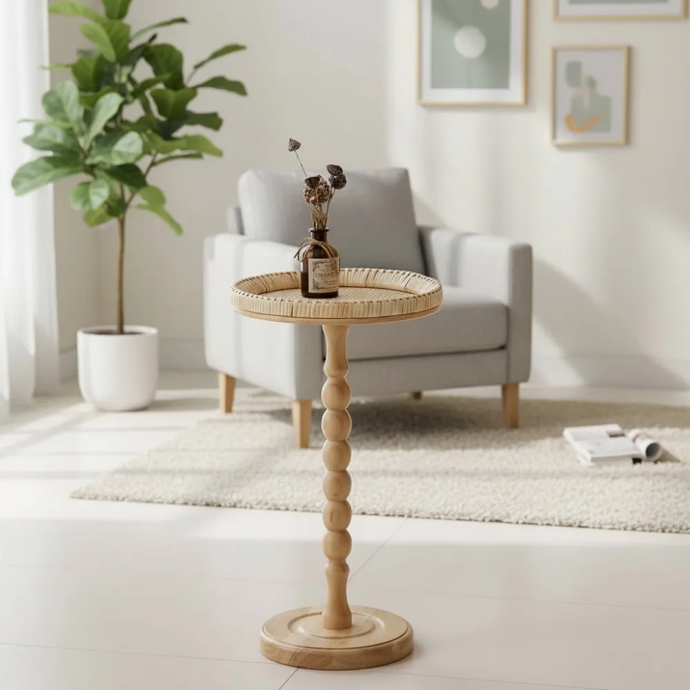 

Rattan Round Side Table with Solid Wood Leg, Compact Boho Coffee Table for Living Room and Bedroom