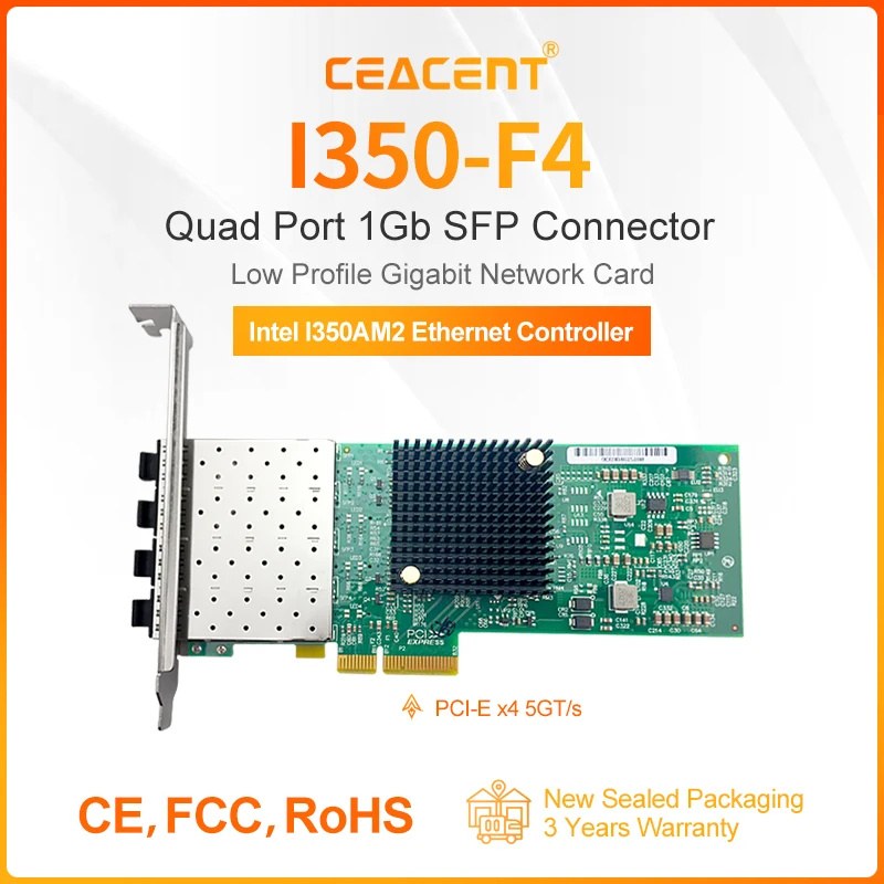 

Good Quality I350-F4 Intel I350AM4 Chipset 1000Mb/s PCIe X4 Ethernet Server Adapter, 4-Port SFP Connector Low Profile Lan Card