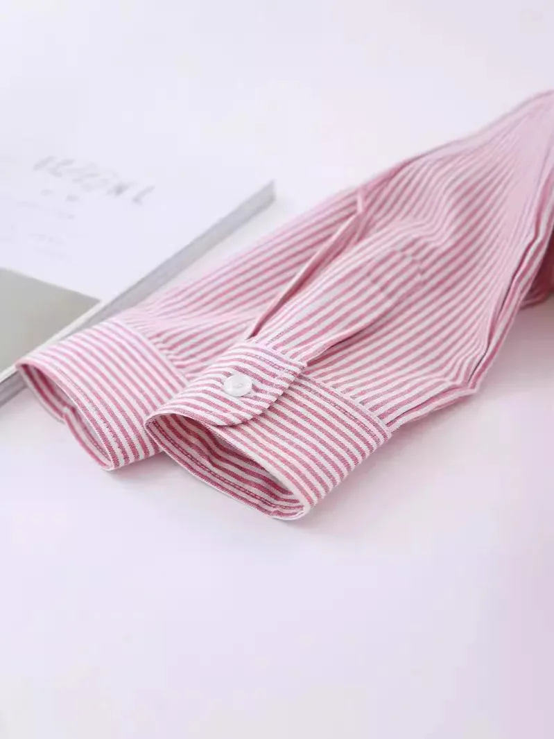 Blue Red White Striped Casual Shirt For Women 2024 New Fine Cotton Ladies Long Sleeve Blouses&Tops Simple Fresh Lady Clothes