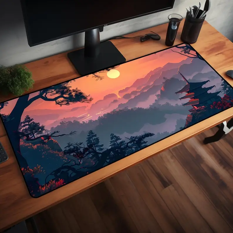 

Japanese Sunset RGB Mountain Landscape Mouse Pad: Zen Pagoda Desk Mat