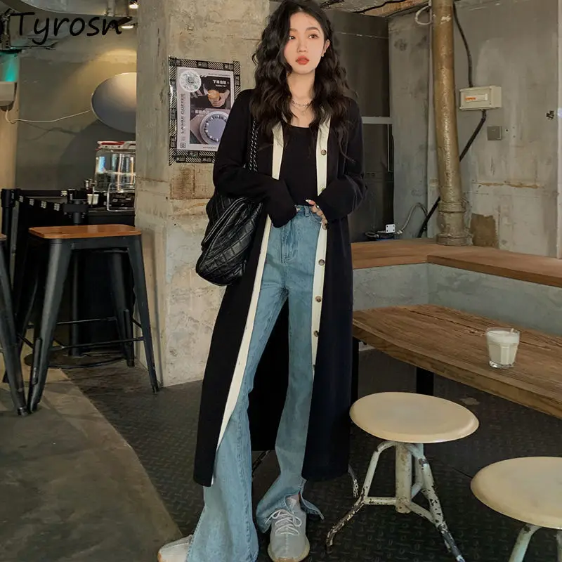 

Cardigan Panelled Side-slit Long Design Knitting Korean Style Ladies V-neck Simple Elegant Spring Daily All-match New Cozy Chic