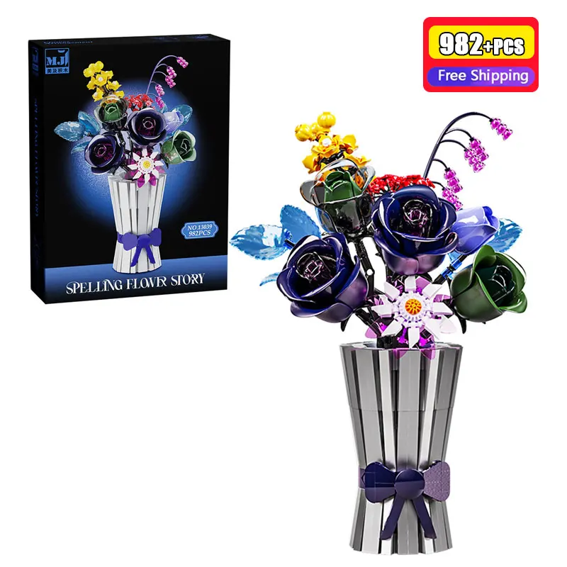 

MJ13039 982PCS Flower Bouquet Building Blocks Botanical Collection Purple Rose Daisy Lily with Vase Home Decor Bricks DIY Toys