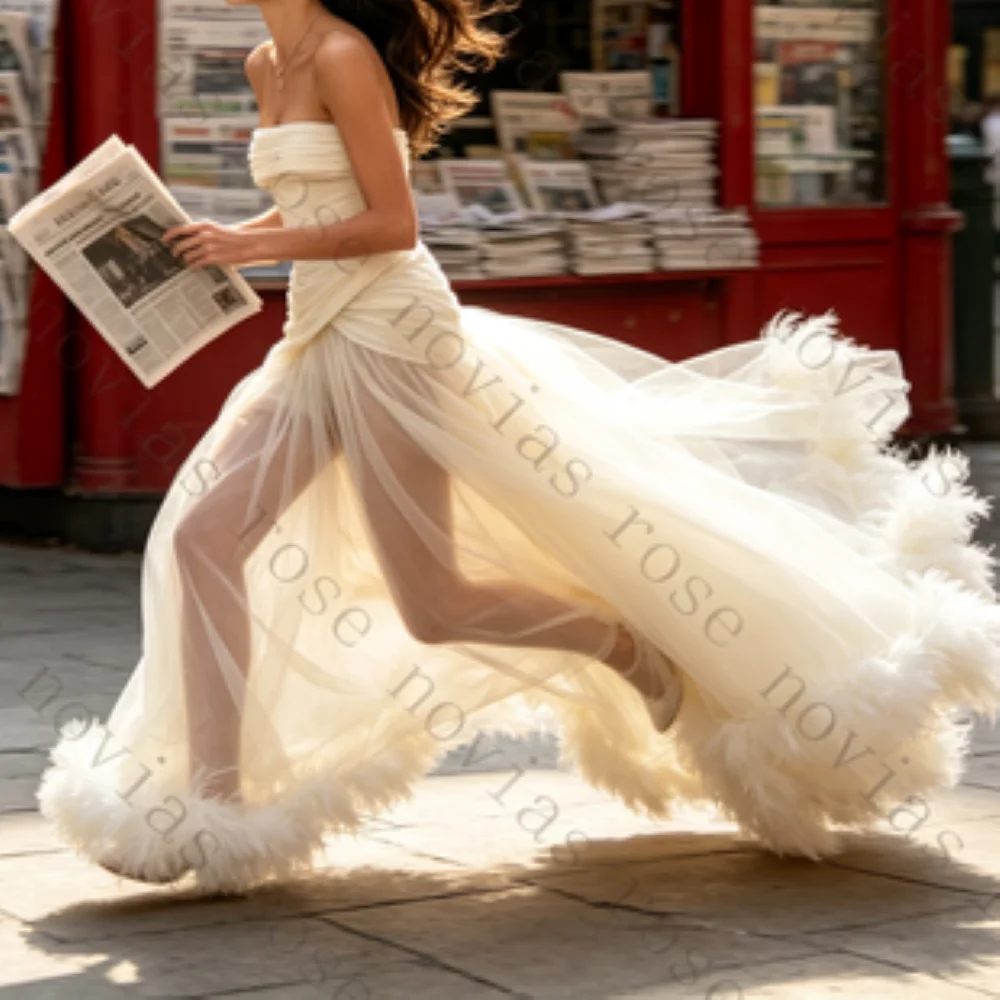 Customized Strapless Draped Chiffon Wedding Dress Wrap Bodice Feather Trim Luxury Modern Bridal Gown For Editorial Wedding