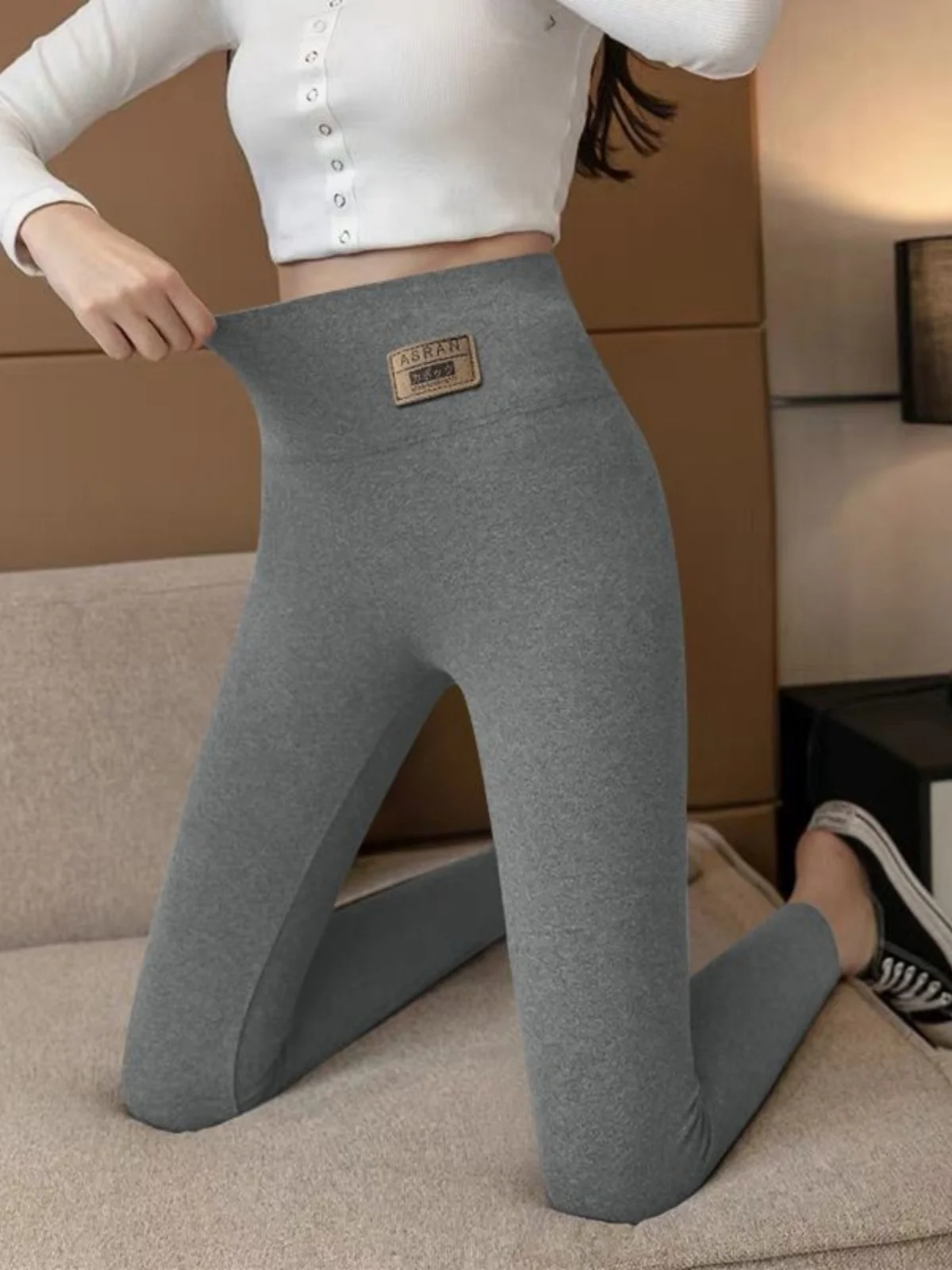 

Gray Fleece Lined High Waist Slim Fit Sports Pants Women's Base Layer Trousers Casual Long Pants Polyester Spandex Blend