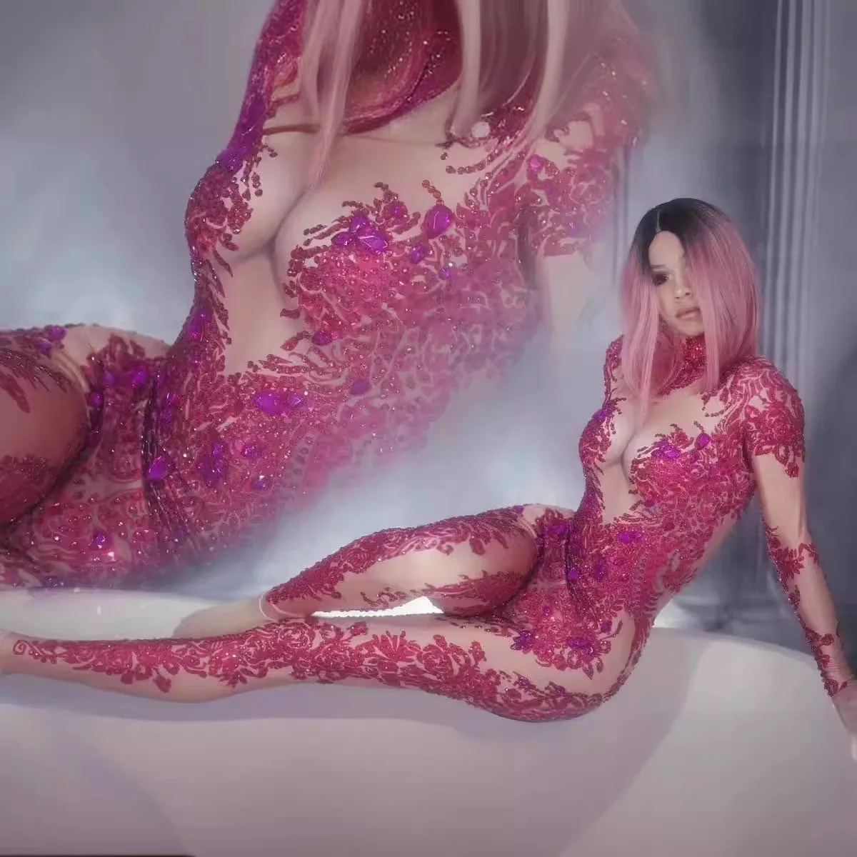 

Pink Bodysuit Stage Dance Blue Jumpsuits Party Women Club Show Costume