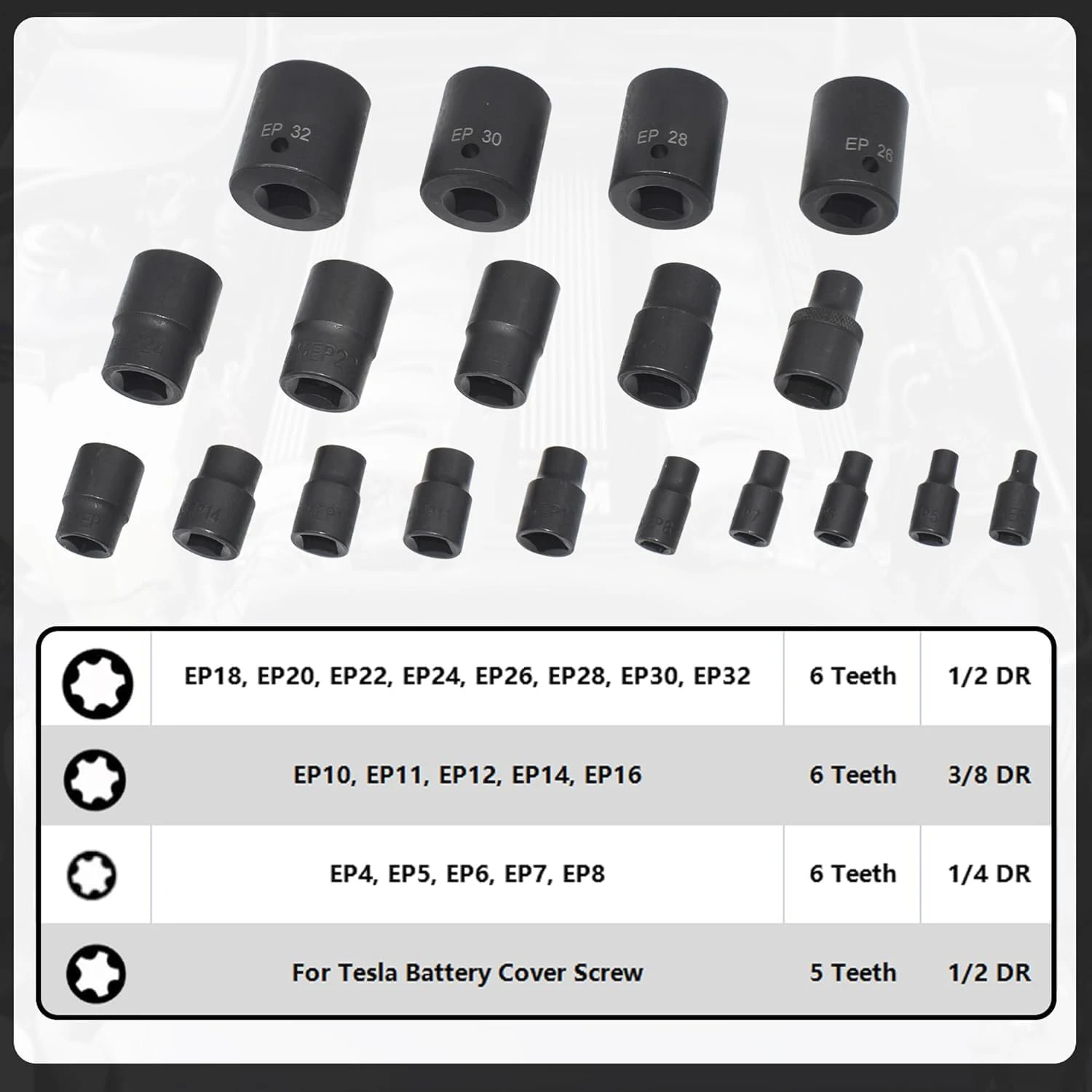 19PC External Torx Plus Socket Set 6 Point EP Socket Compatible with Tesla EP4-EP32 with 1/2'' 3/8'' 1/4'' Dr CR-V - view 2