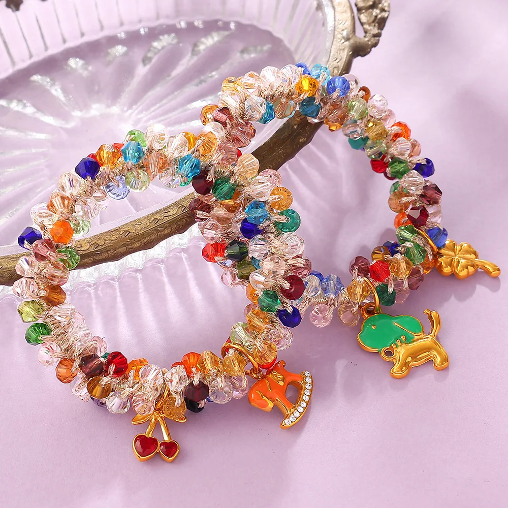 European American Sweet Multicolor Faceted Crystal Dual Use Hair Band Bracelet Fruit Floral Charms Elastic Ponytail Accessories