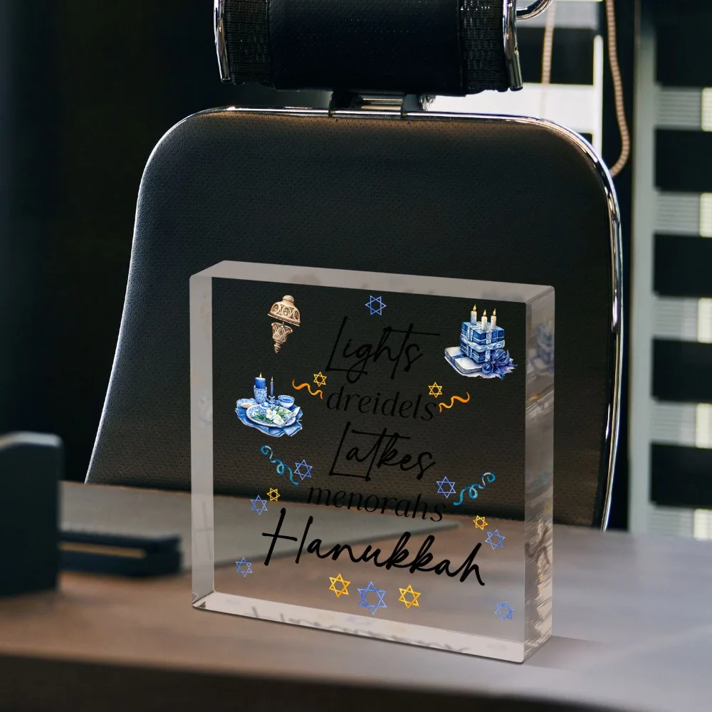 CIFbuy Acrylic Block Hanukkah Decor Lights Dreidels Latkes Menorahs Holiday Table Centerpiece Jewish Festival Ornament Keepsake