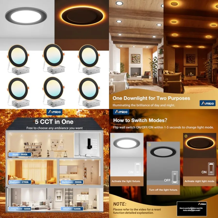 

Pack 5CCT LED Recessed Ceiling Light with Night Light, 2700K/3000K/3500K/000K/5000K Selectable Ultra-Th Lightg, 12W=110W, 1100L