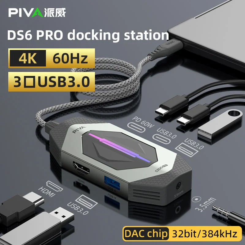 PIVA DS6Pro 6-in-1 Docking Station Type-C to USB Hub with HDMI Projection 4K60Hz Multifunctional PD60W Fast Charging Adapter