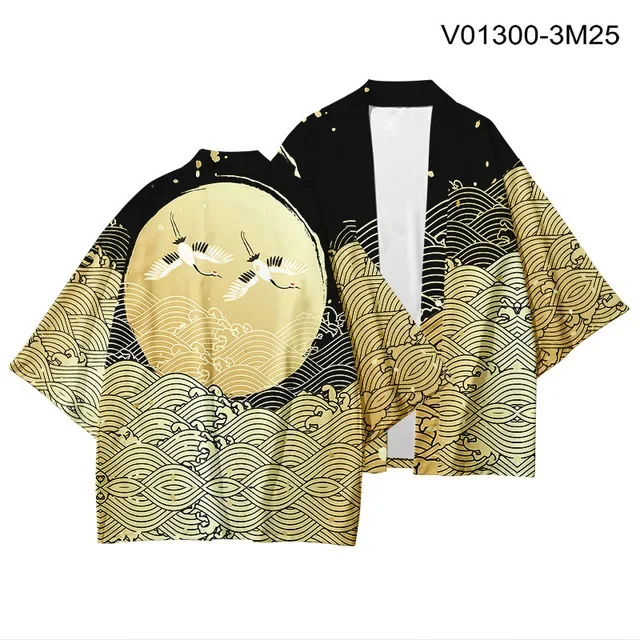 Golden Wave Crane Moon Print Haori Kimono Cardigan Unisex Loose Open Front Yukata Japanese Streetwear Cosplay Beach Cover Up