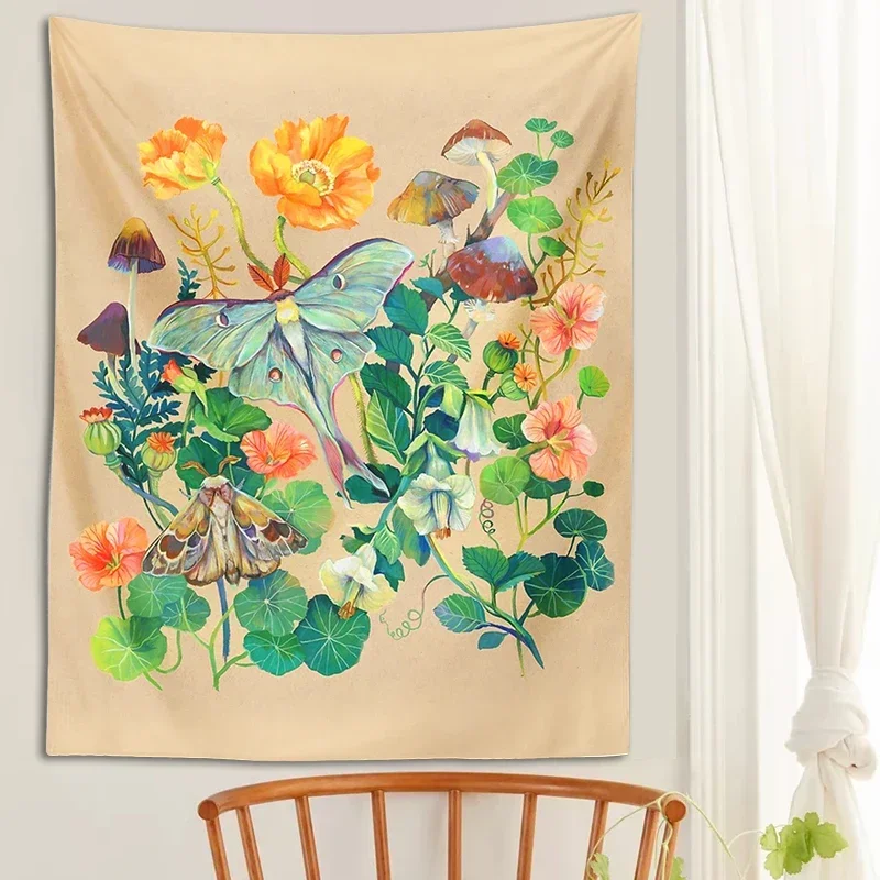Floral Luna Moth Tapestry Wall Hanging Botanical Psychedelic Mushroom Flower Wildflower Rose Hippie Home Living Room Decor