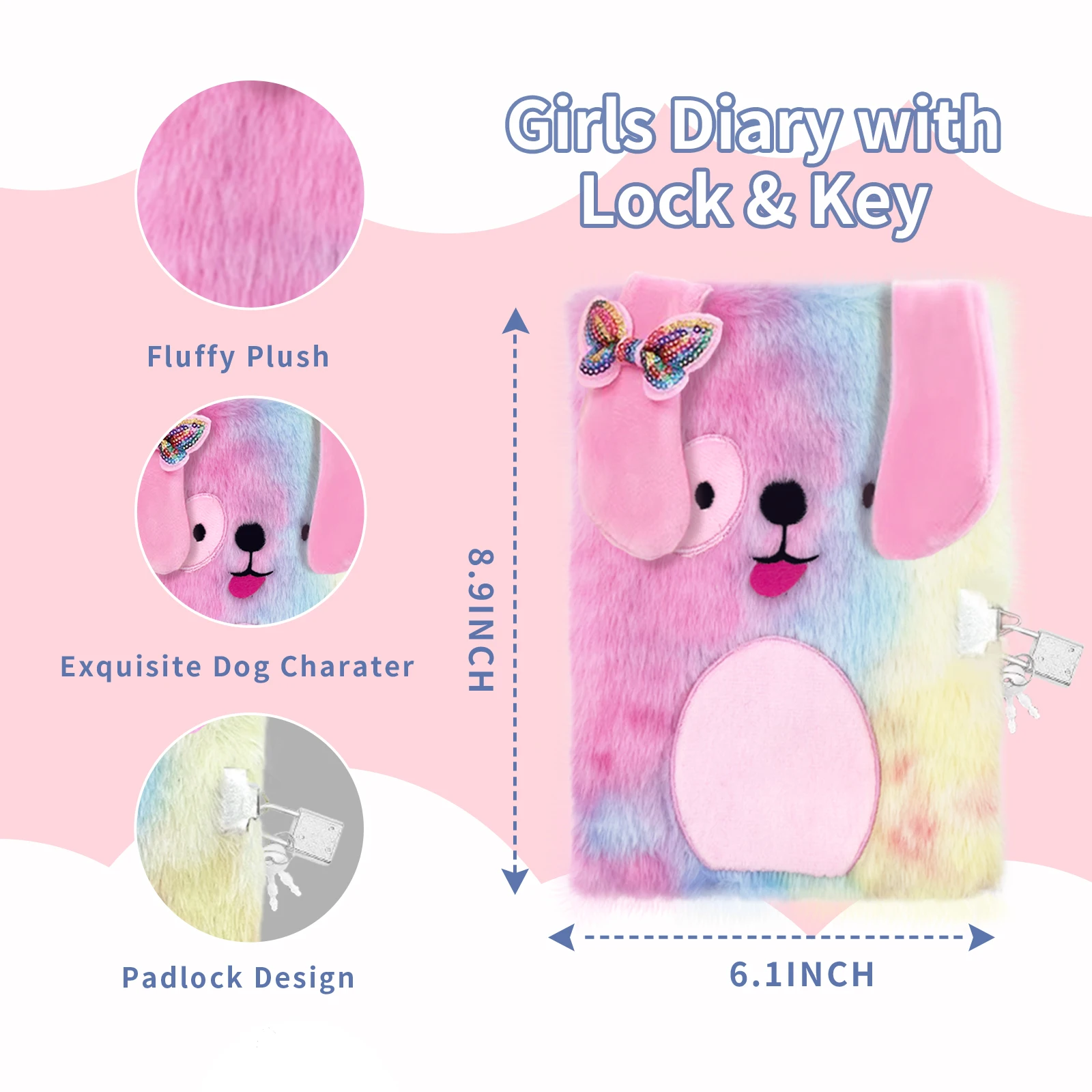 Cartoon Diary Notebooks For Girl Children Plush Dog Secret Diary With Lock And Key Notepad Memo Pads Student Stationery Gift Set