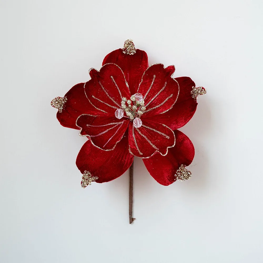 

22cm Artificial Christmas Flower Realistic Beautiful Christmas Poinsettia Shiny Handmade Xmas Tree Ornaments Wedding Gift