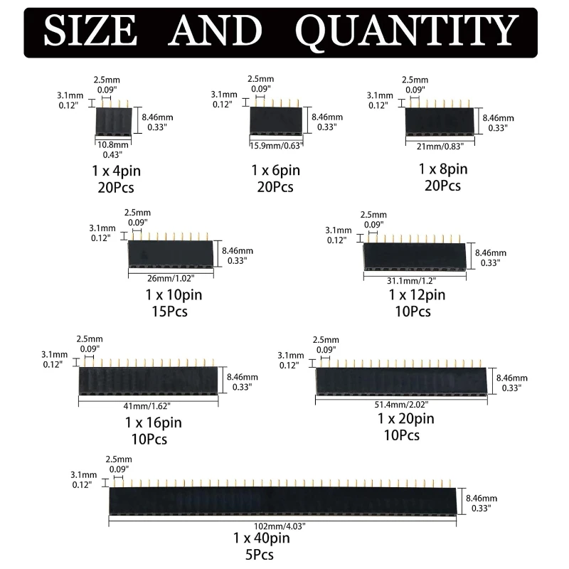 110Pcs 2.54mm Straight Single Row PCB Board Female Pin Header Socket Connector Assortment Kit 4/6/8/10/12/16/20/40 Header Pins